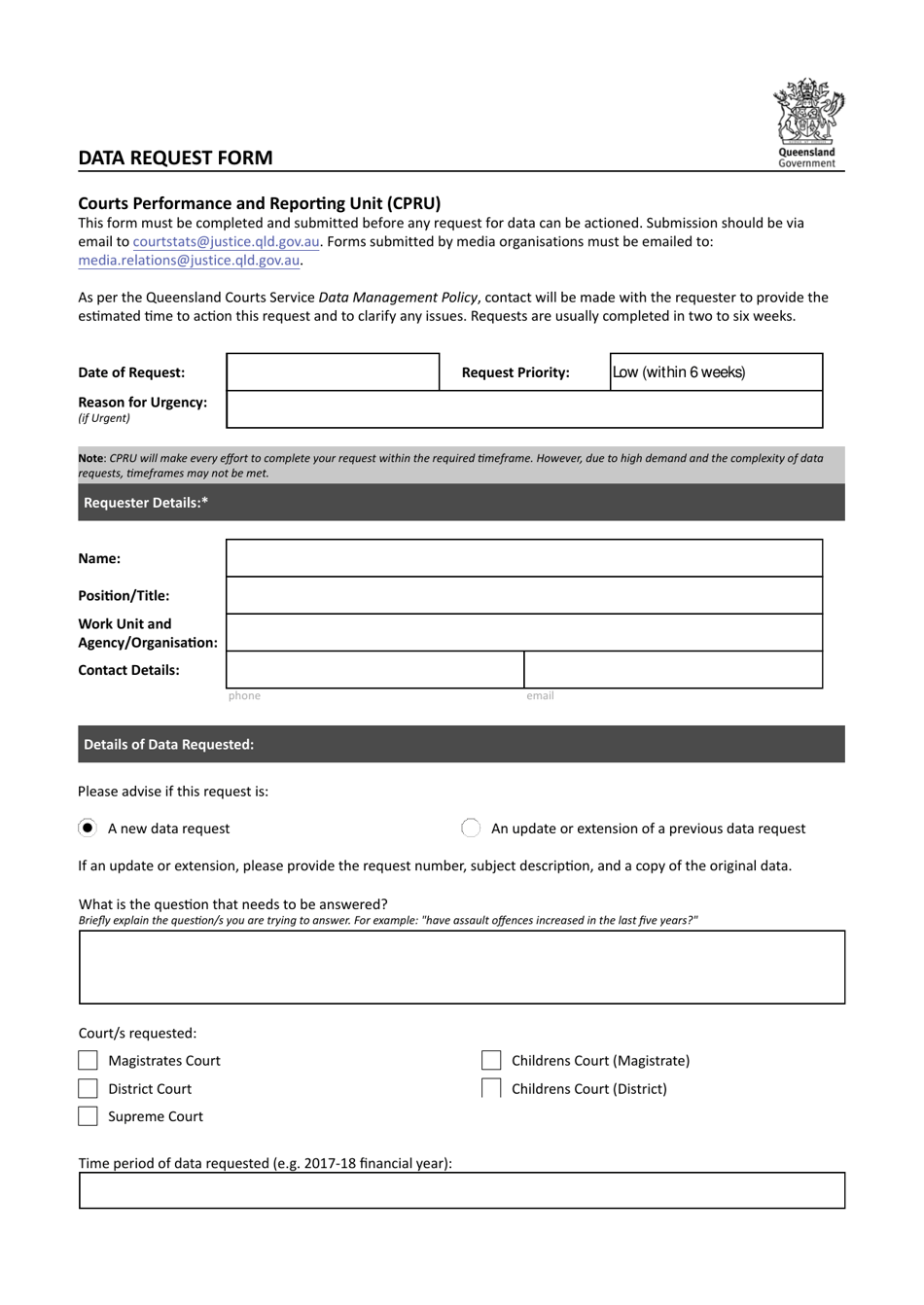 Data Request Form - Queensland, Australia, Page 1