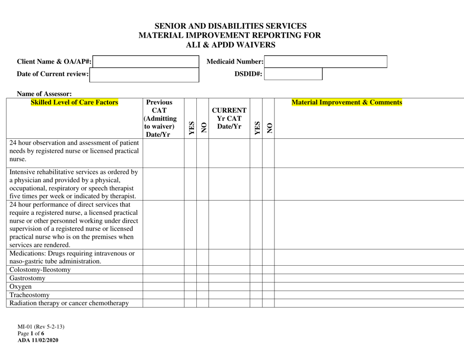 Form MI-01 Material Improvement Reporting for Ali  Apdd Waivers - Alaska, Page 1