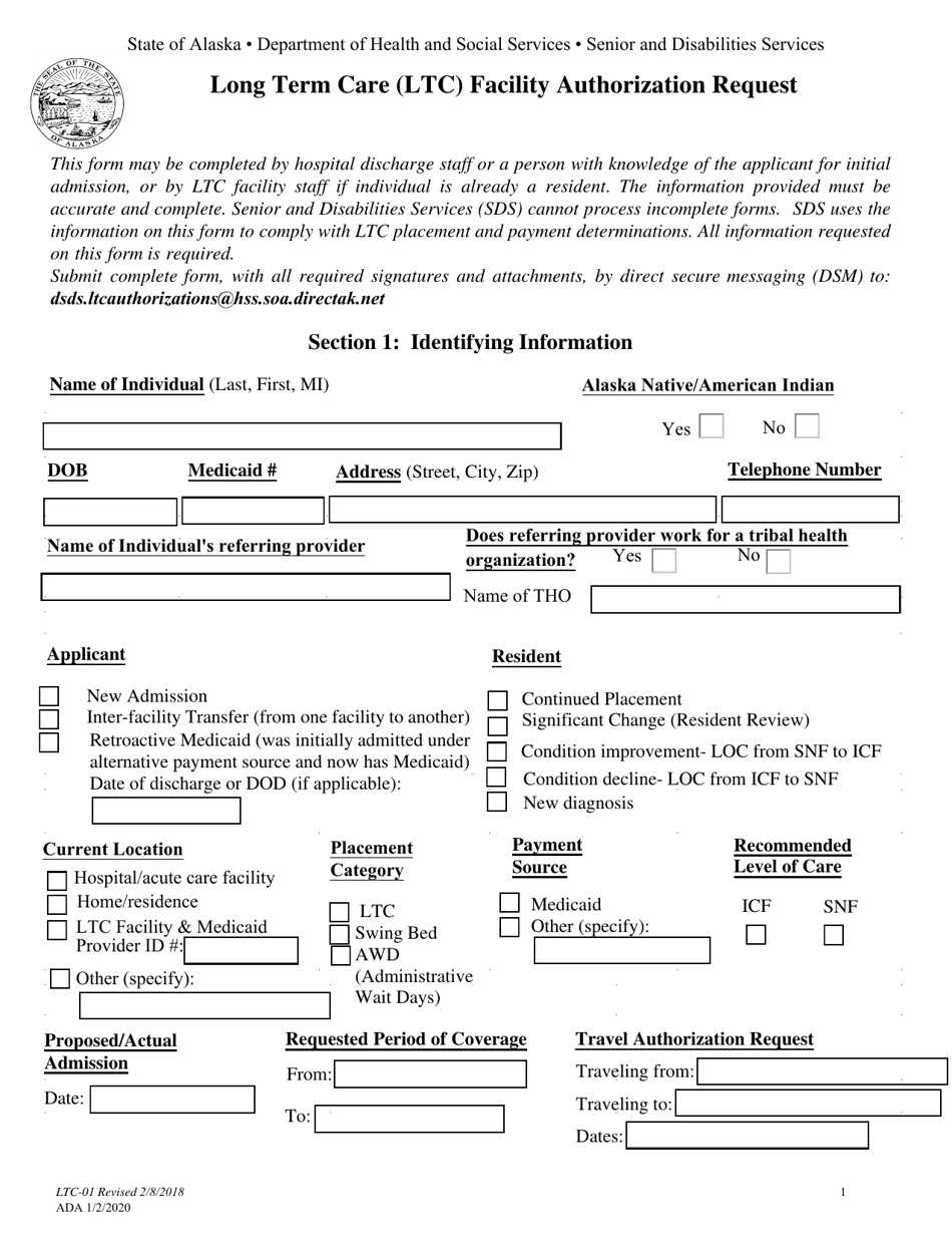 Form LTC-01 Long Term Care (Ltc) Facility Authorization Request - Alaska, Page 1