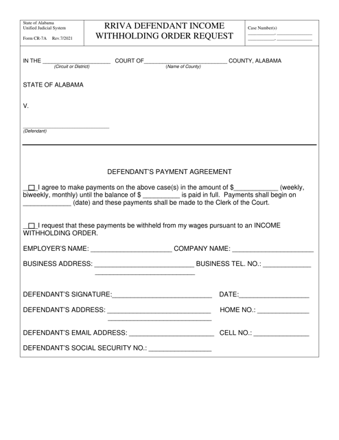 Form CR-7A Rriva Defendant Income Withholding Order Request - Alabama