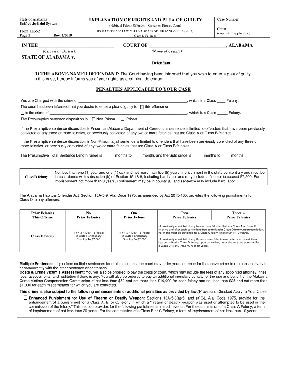 Form CR-52 Explanation of Rights and Plea of Guilty (Habitual Felony Offender- Circuit or District Court) (For Offenses Committed on or After January 30, 2016) - Class D Felonies - Alabama, Page 1