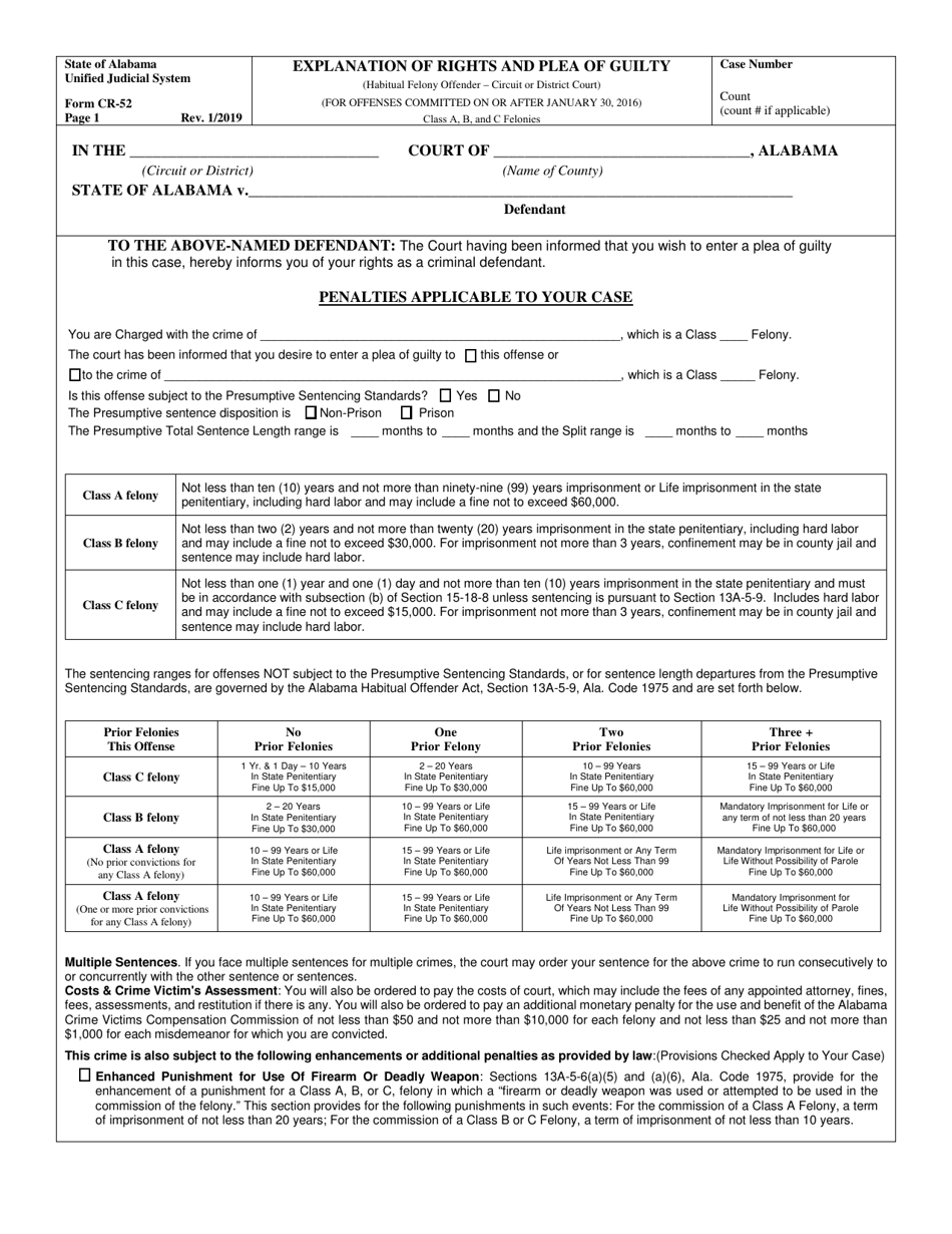 Form CR-52 Explanation of Rights and Plea of Guilty (Habitual Felony Offender - Circuit or District Court) (For Offenses Committed on or After January 30, 2016) - Class a, B, and C Felonies - Alabama, Page 1