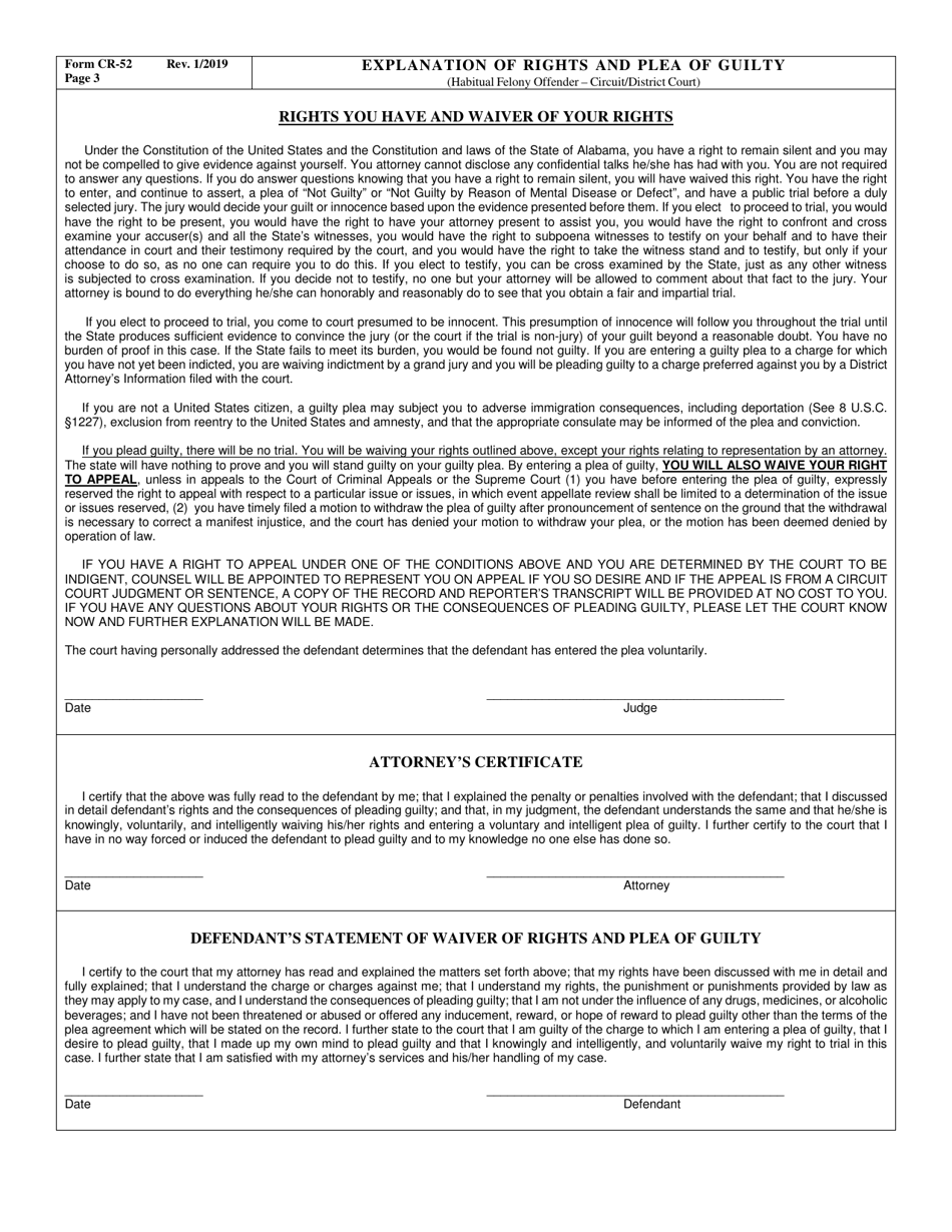 Form CR-52 Explanation of Rights and Plea of Guilty (Habitual Felony Offender - Circuit or District Court) (For Offenses Committed on or After January 30, 2016) - Class a, B, and C Felonies - Alabama, Page 3