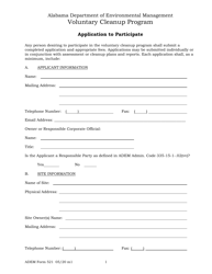 ADEM Form 521 &quot;Application to Participate - Voluntary Cleanup Program&quot; - Alabama