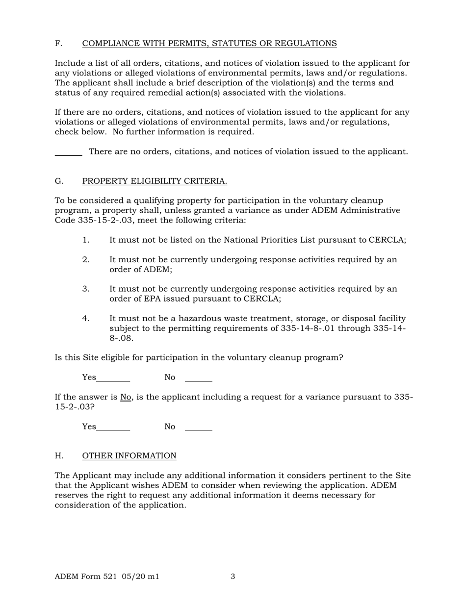 ADEM Form 521 Application to Participate - Voluntary Cleanup Program - Alabama, Page 3