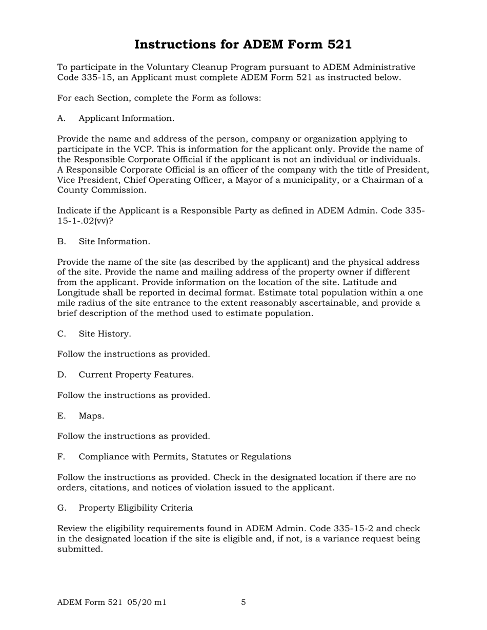 ADEM Form 521 Application to Participate - Voluntary Cleanup Program - Alabama, Page 5