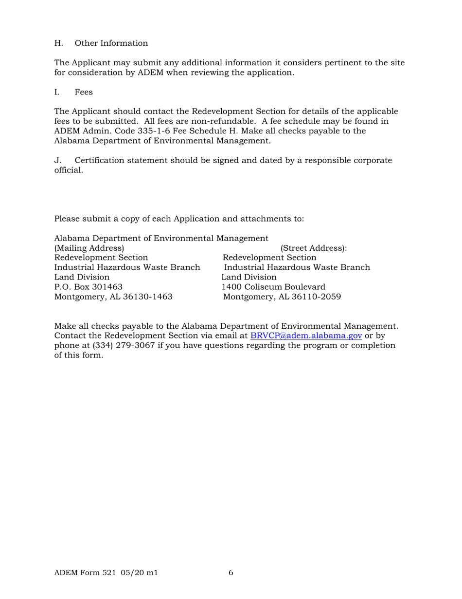 ADEM Form 521 Application to Participate - Voluntary Cleanup Program - Alabama, Page 6