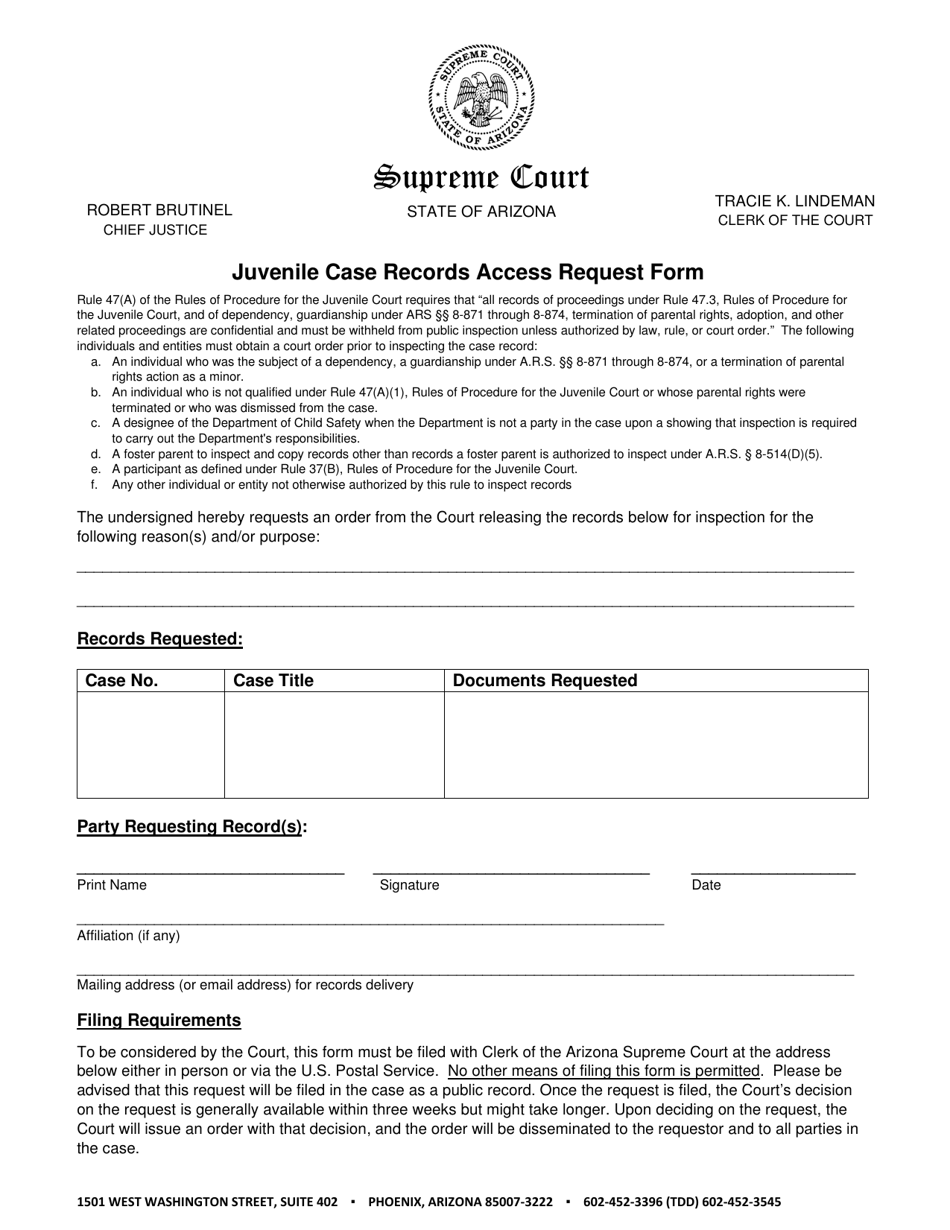 Arizona Juvenile Case Records Access Request Form Fill Out, Sign