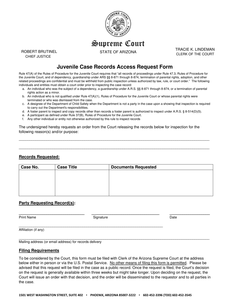 Juvenile Case Records Access Request Form - Arizona, Page 1