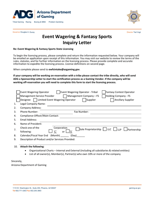 Event Wagering & Fantasy Sports Inquiry Letter - Arizona Download Pdf