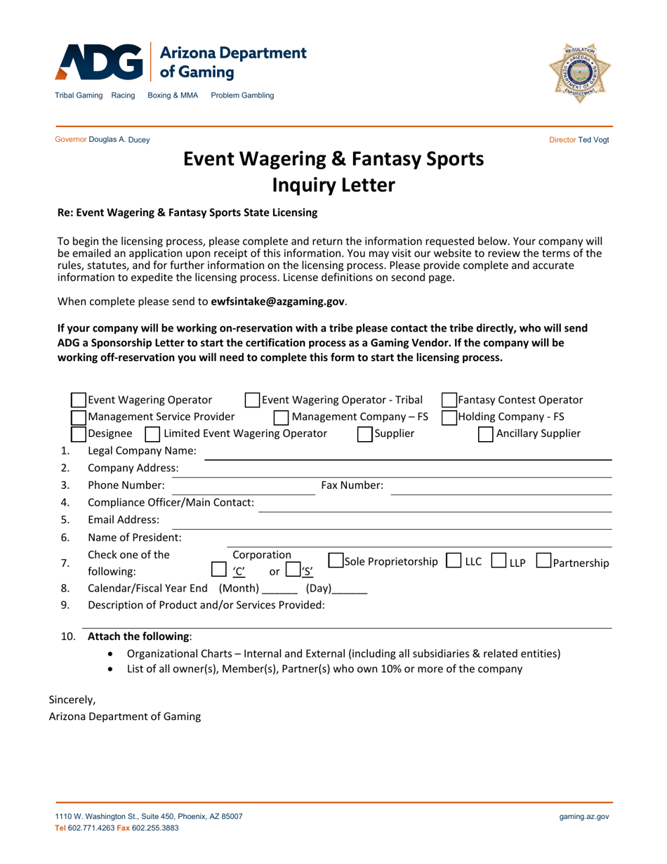 Event Wagering  Fantasy Sports Inquiry Letter - Arizona, Page 1
