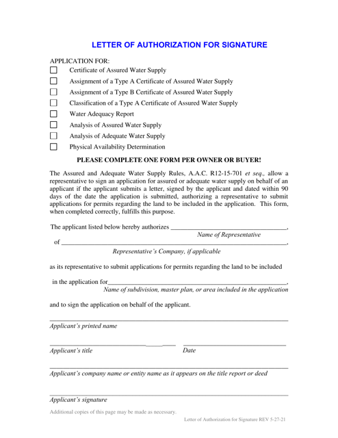 Letter of Authorization for Signature - Arizona Download Pdf