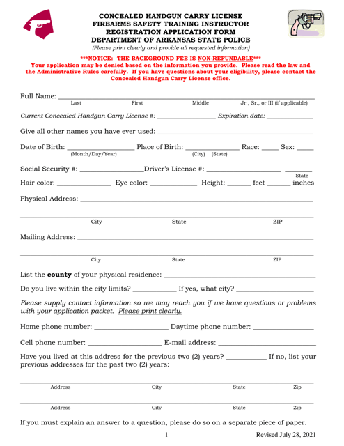 Concealed Handgun Carry License Firearms Safety Training Instructor Registration Application Form - Arkansas Download Pdf