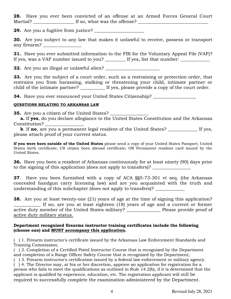 Concealed Handgun Carry License Firearms Safety Training Instructor Registration Application Form - Arkansas, Page 4