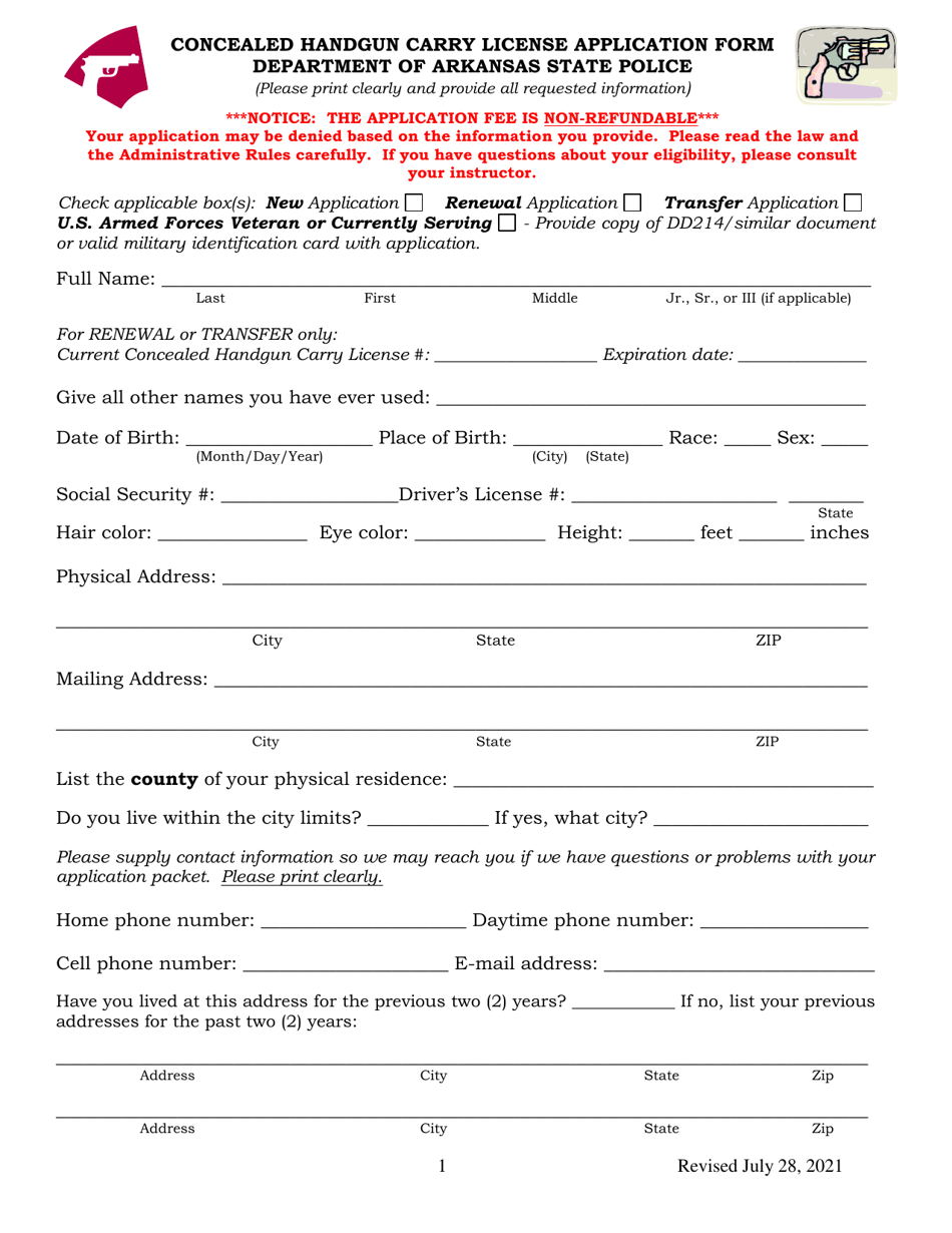 Arkansas Concealed Handgun Carry License Application Form Download
