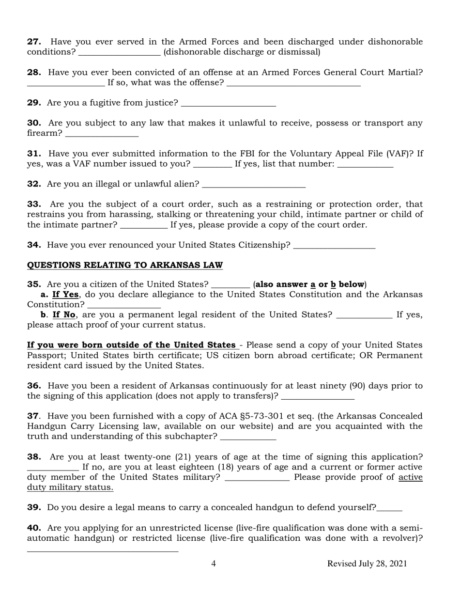 Concealed Handgun Carry License Application Form - Arkansas, Page 4