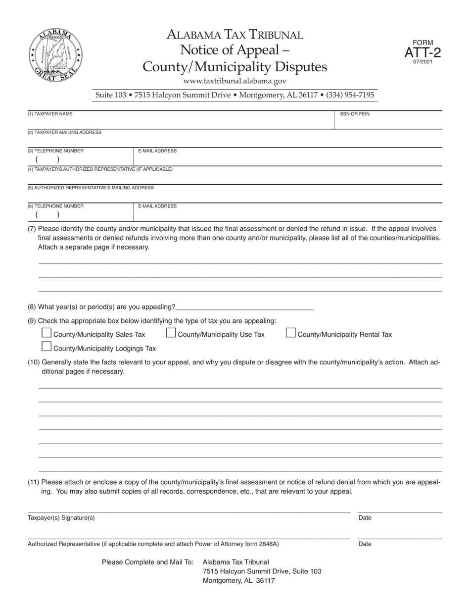 Form ATT-2 Notice of Appeal - County/Municipality Disputes - Alabama, Page 1