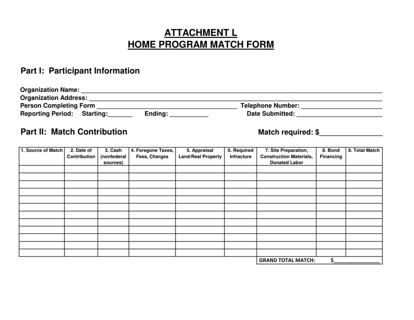 Attachment L Home Program Match Form - Arkansas