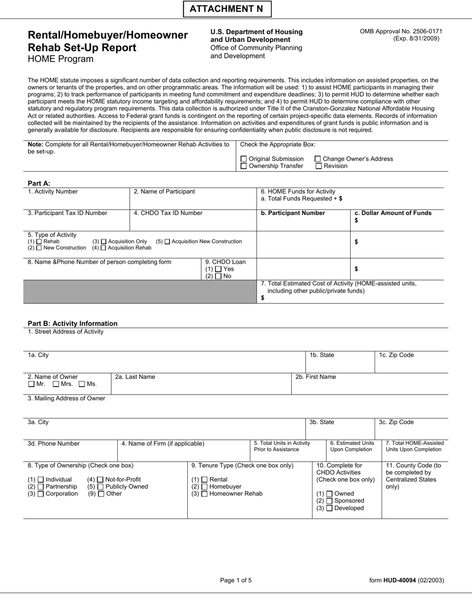 Form HUD-40094 Attachment N Rental / Homebuyer / Homeowner Rehab Set-Up Report - Home Program - Arkansas, Page 1