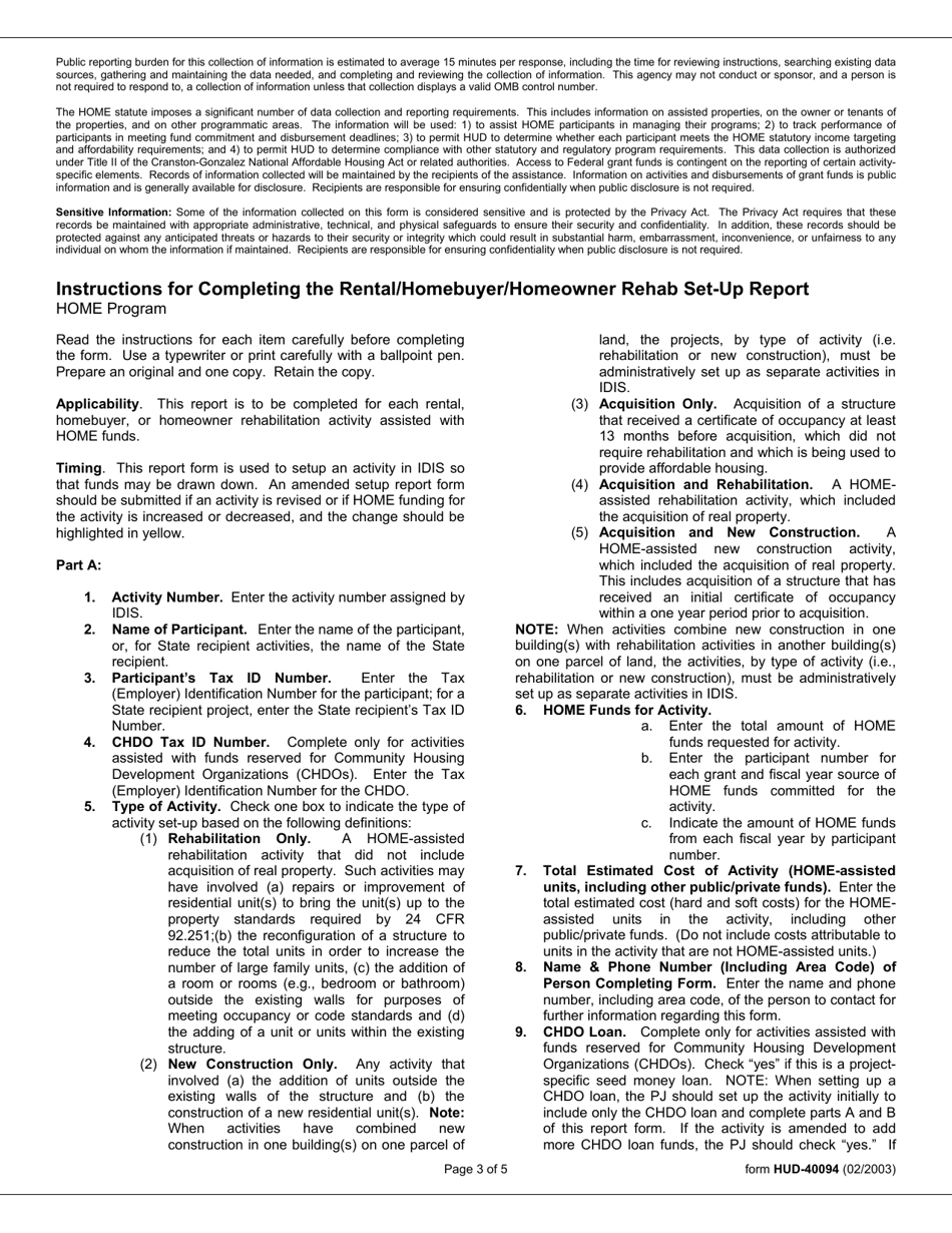 Form HUD-40094 Attachment N Rental / Homebuyer / Homeowner Rehab Set-Up Report - Home Program - Arkansas, Page 3