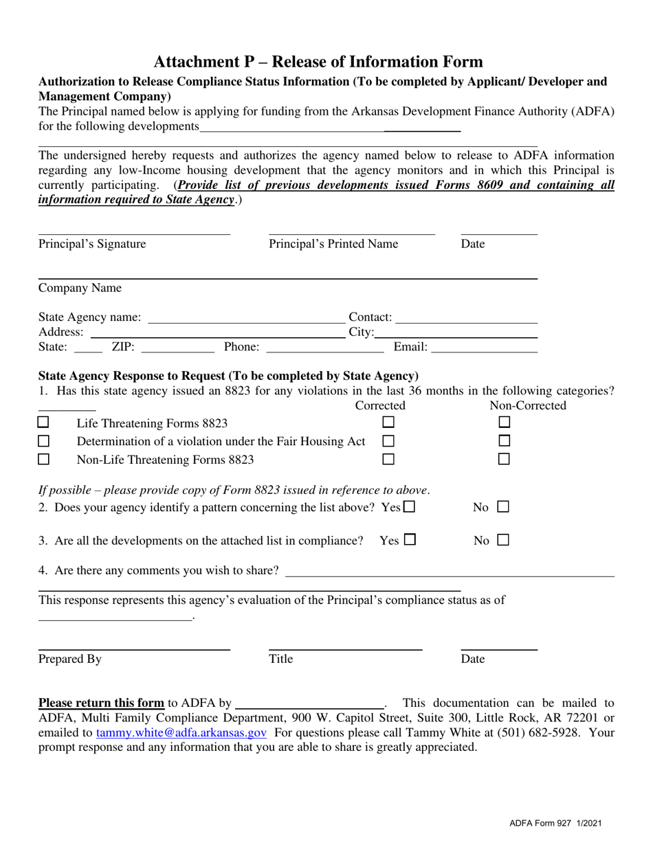 ADFA Form 927 Attachment P Download Fillable PDF or Fill Online Release ...