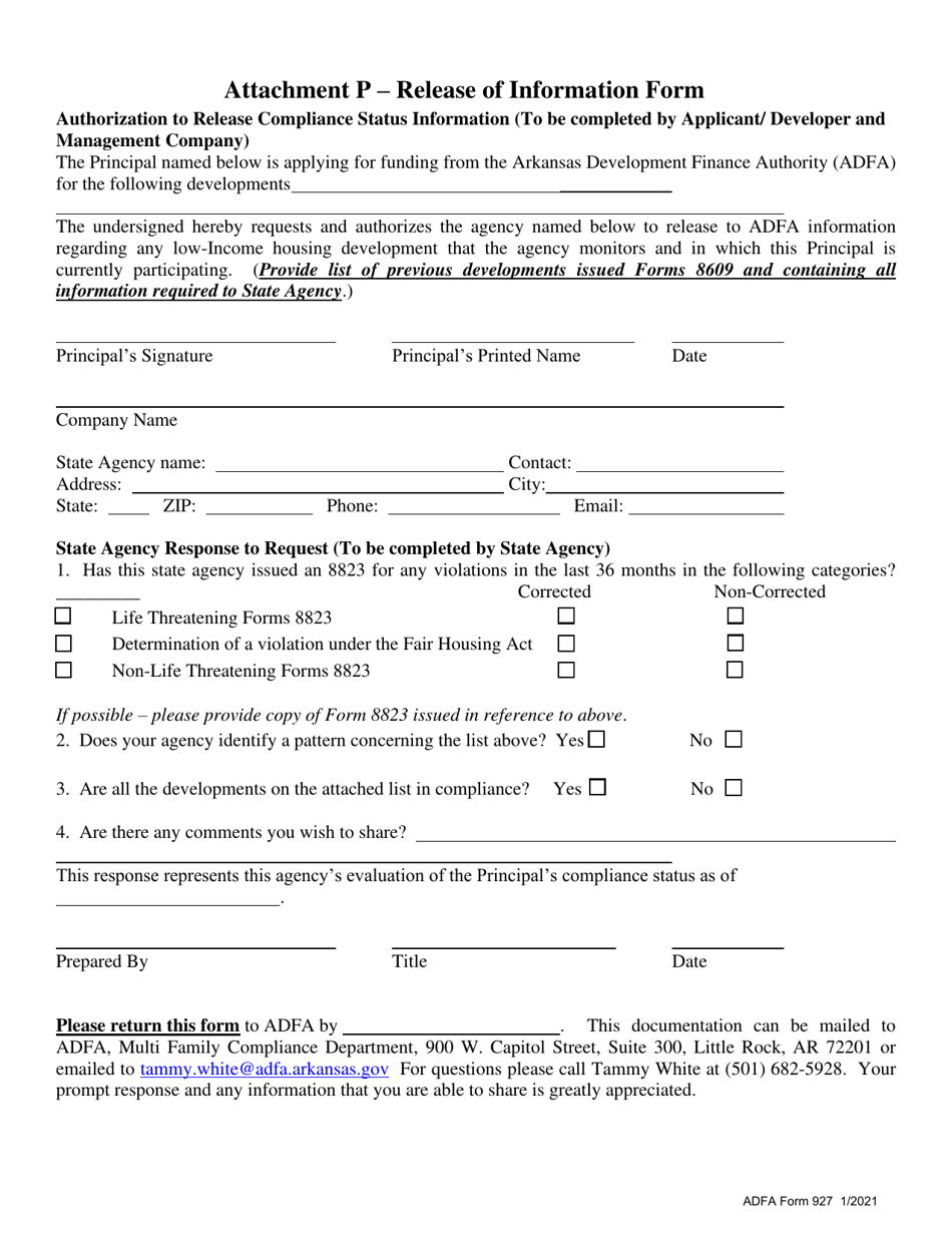 ADFA Form 927 Attachment P Release of Information Form - Arkansas, Page 1