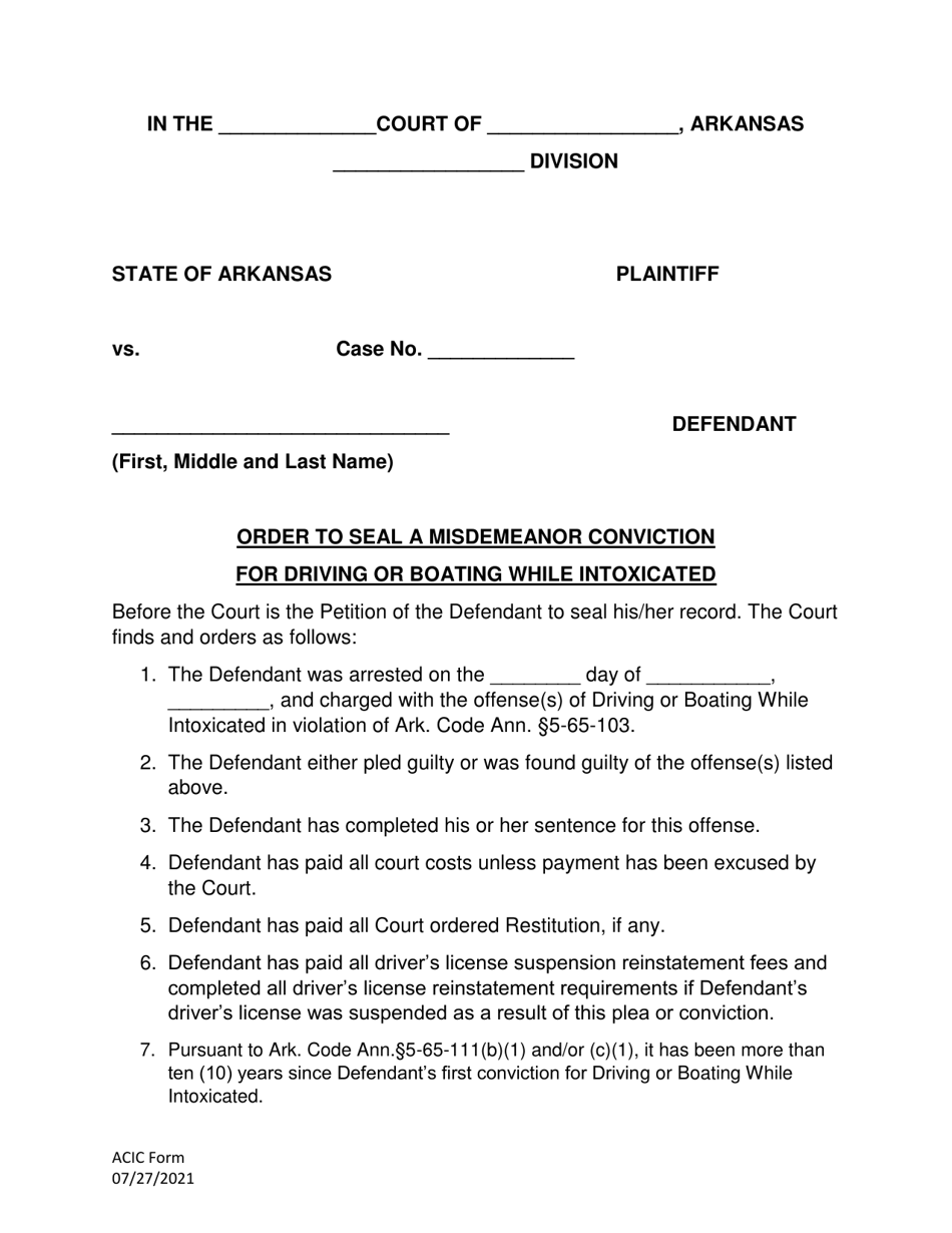 Order to Seal a Misdemeanor Conviction for Driving or Boating While Intoxicated - Arkansas, Page 1