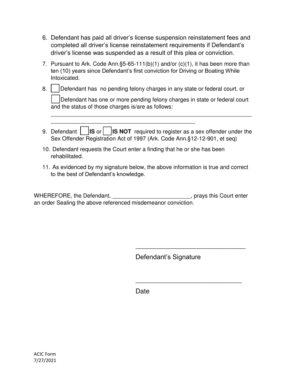 Petition to Seal a Misdemeanor Conviction for Driving or Boating While Intoxicated - Arkansas, Page 2