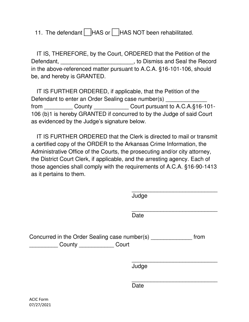 Order to Dismiss and Seal Offense in Veterans Treatment Speciality Court Proceeding Pursuant to a.c.a. 16-101-106 and a.c.a. 16-90-1401 (And to Seal Separate Previous Offense From Another Court) - Arkansas, Page 3