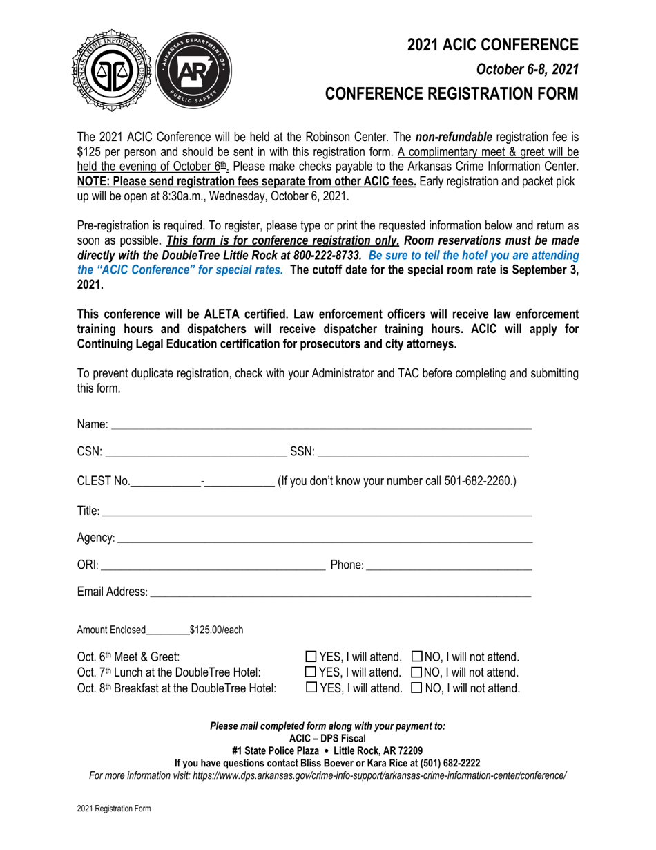 Acic Conference Registration Form - Arkansas, Page 1