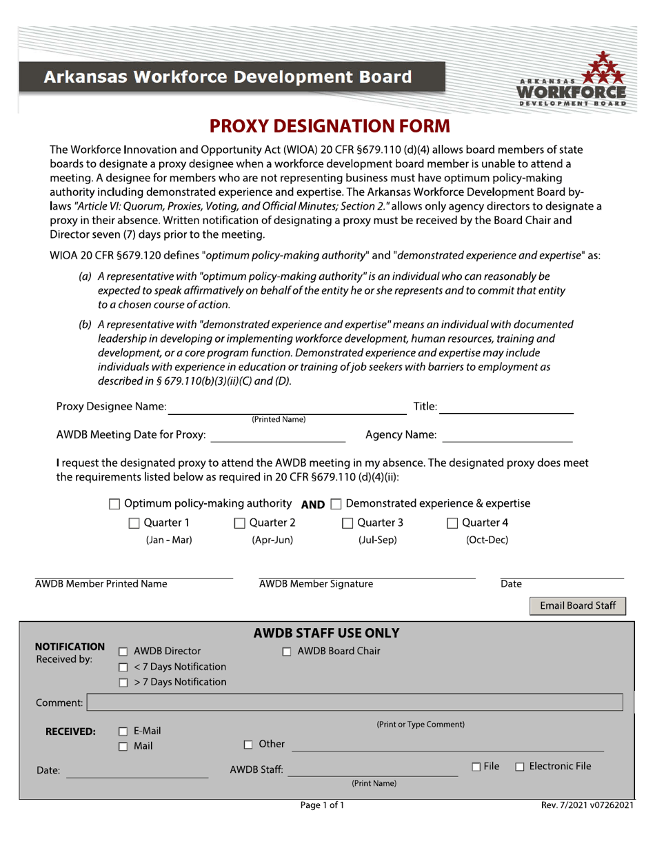 Arkansas Workforce Development Board Proxy Designation Form - Arkansas, Page 1
