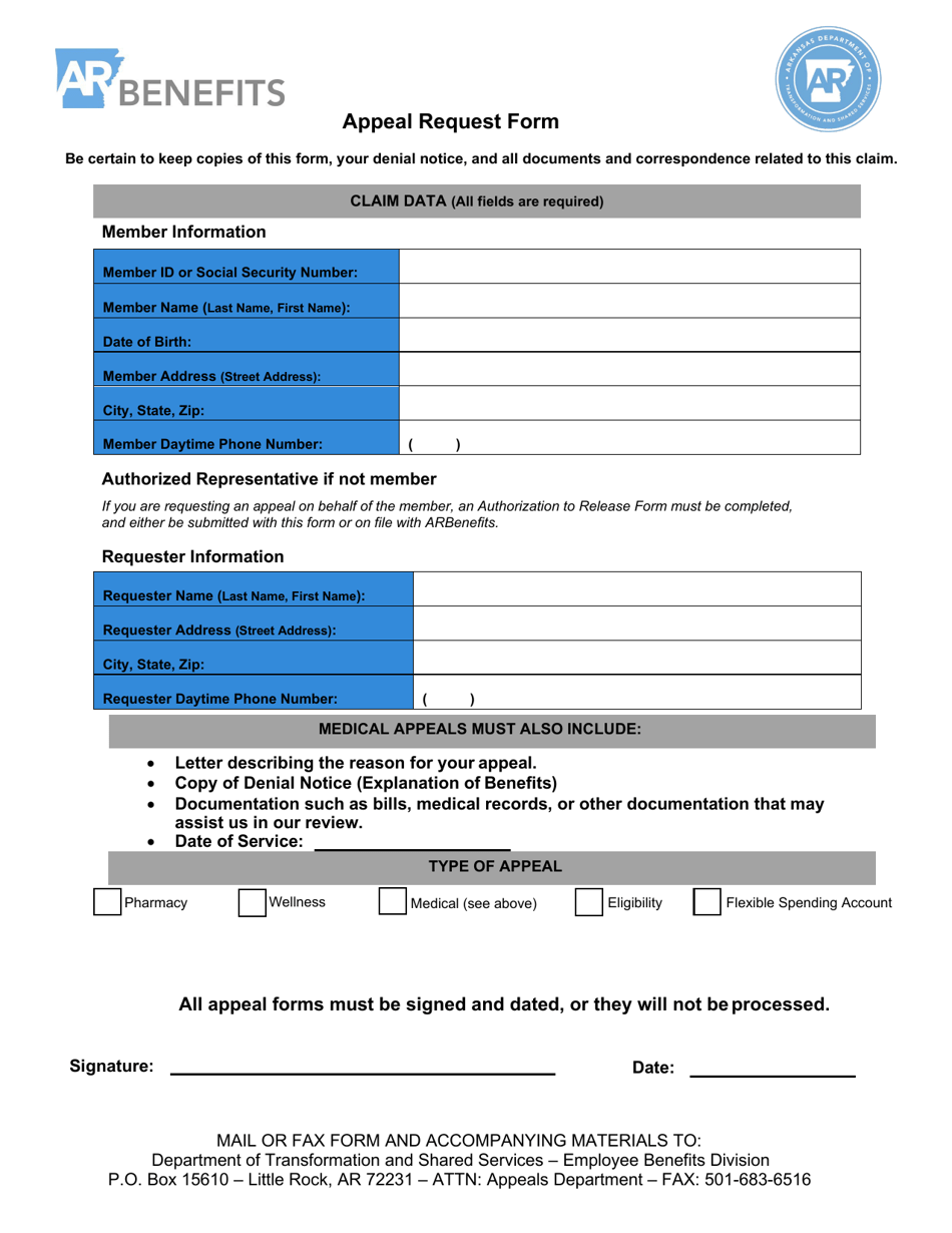 Appeal Request Form - Arkansas, Page 1