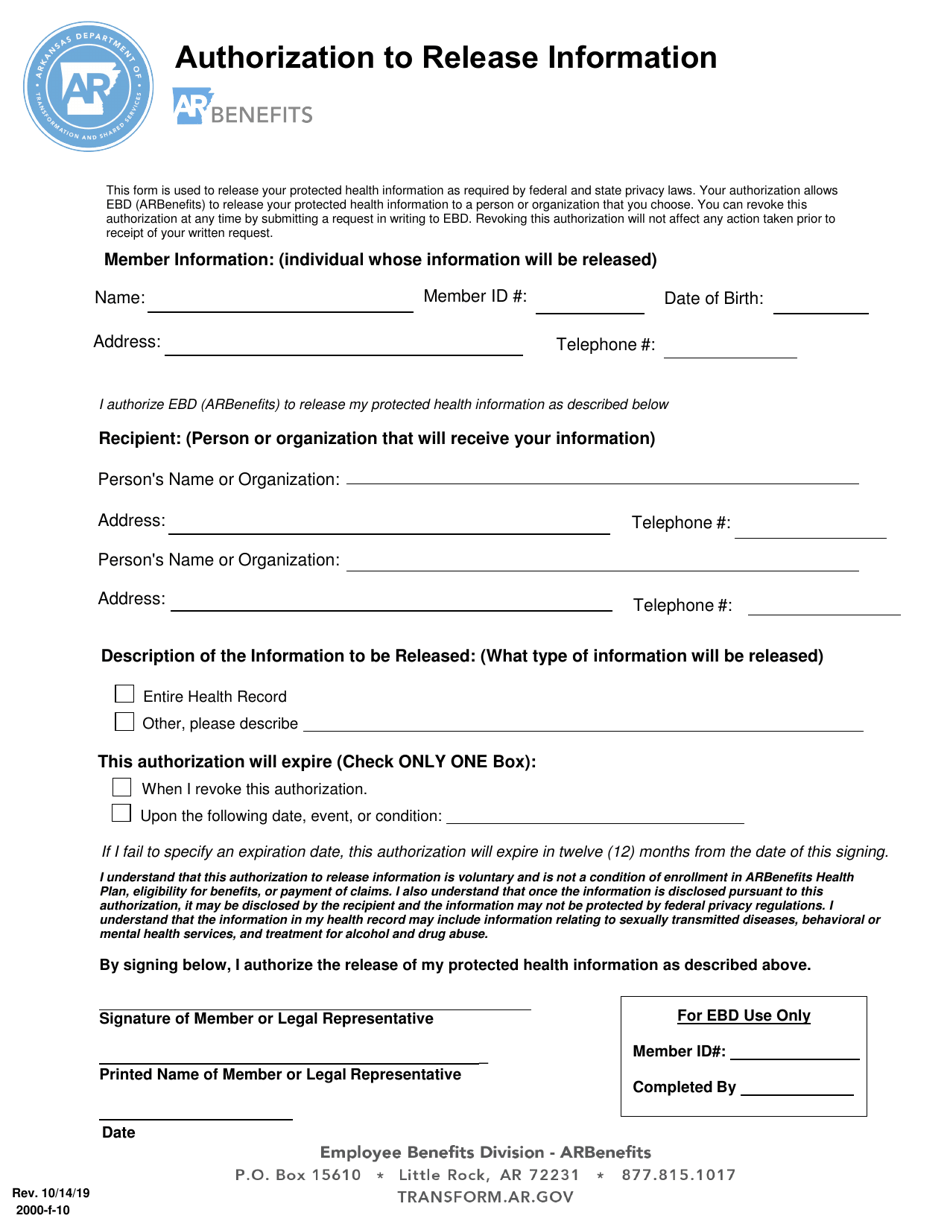 Form 2000-F-10 Authorization to Release Information - Arkansas, Page 1