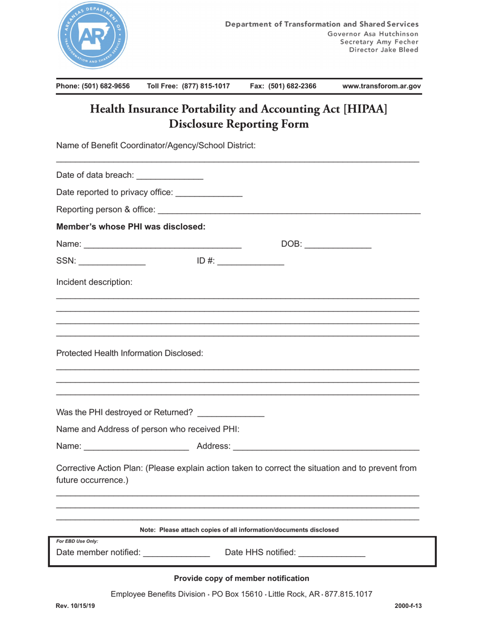 Form 2000-F-13 Health Insurance Portability and Accounting Act (HIPAA) Disclosure Reporting Form - Arkansas, Page 1