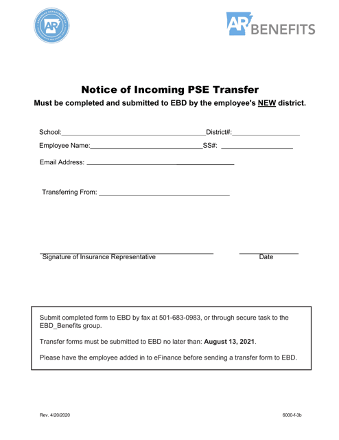 Form 6000-F-3B Notice of Incoming Pse Transfer - Arkansas