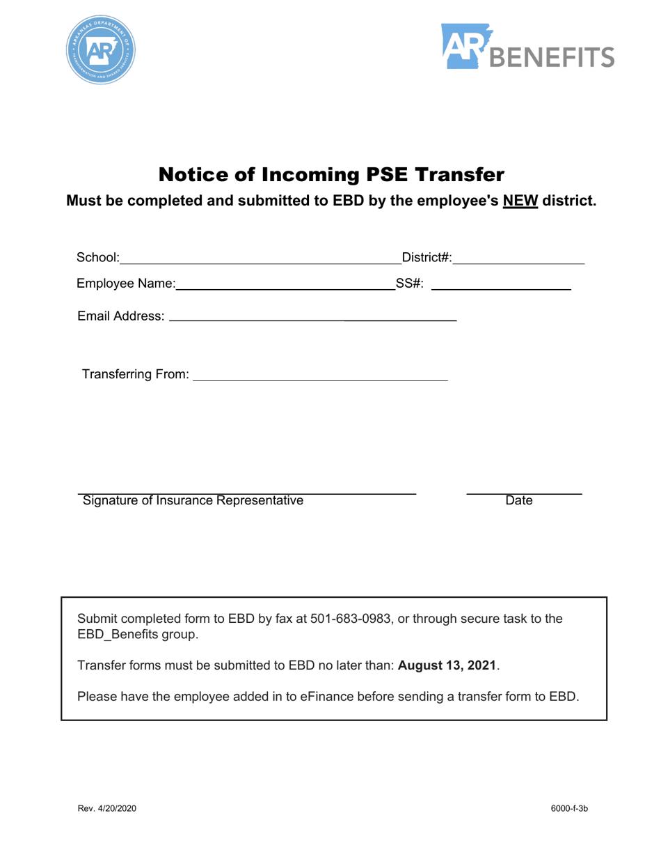 Form 6000-F-3B Notice of Incoming Pse Transfer - Arkansas, Page 1