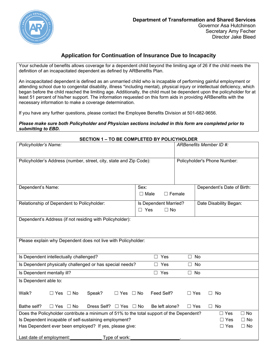 Application for Continuation of Insurance Due to Incapacity - Arkansas, Page 1