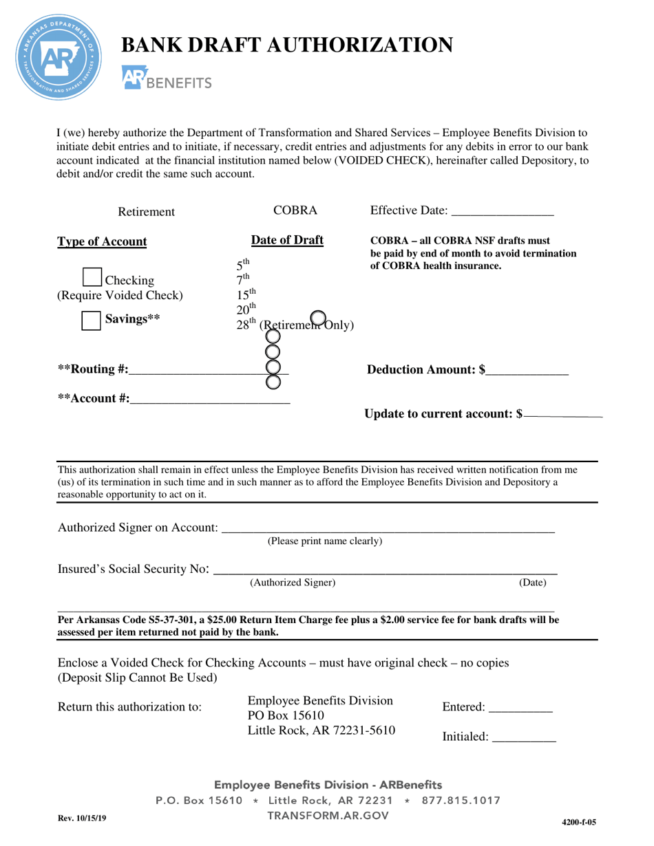 Form 4200-F-05 Bank Draft Authorization - Arkansas, Page 1