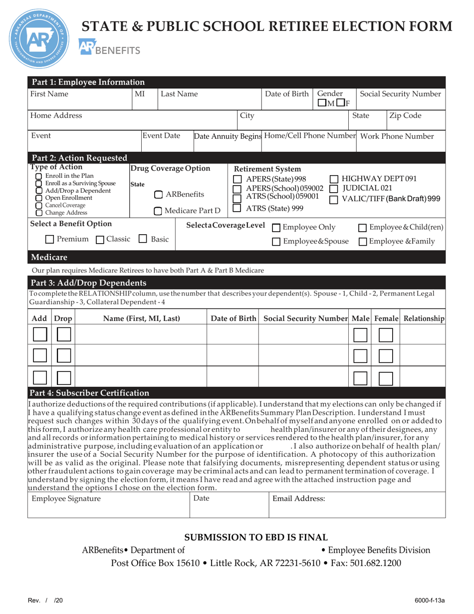 Form 6000-F-13A State  Public School Retiree Election Form - Arkansas, Page 1