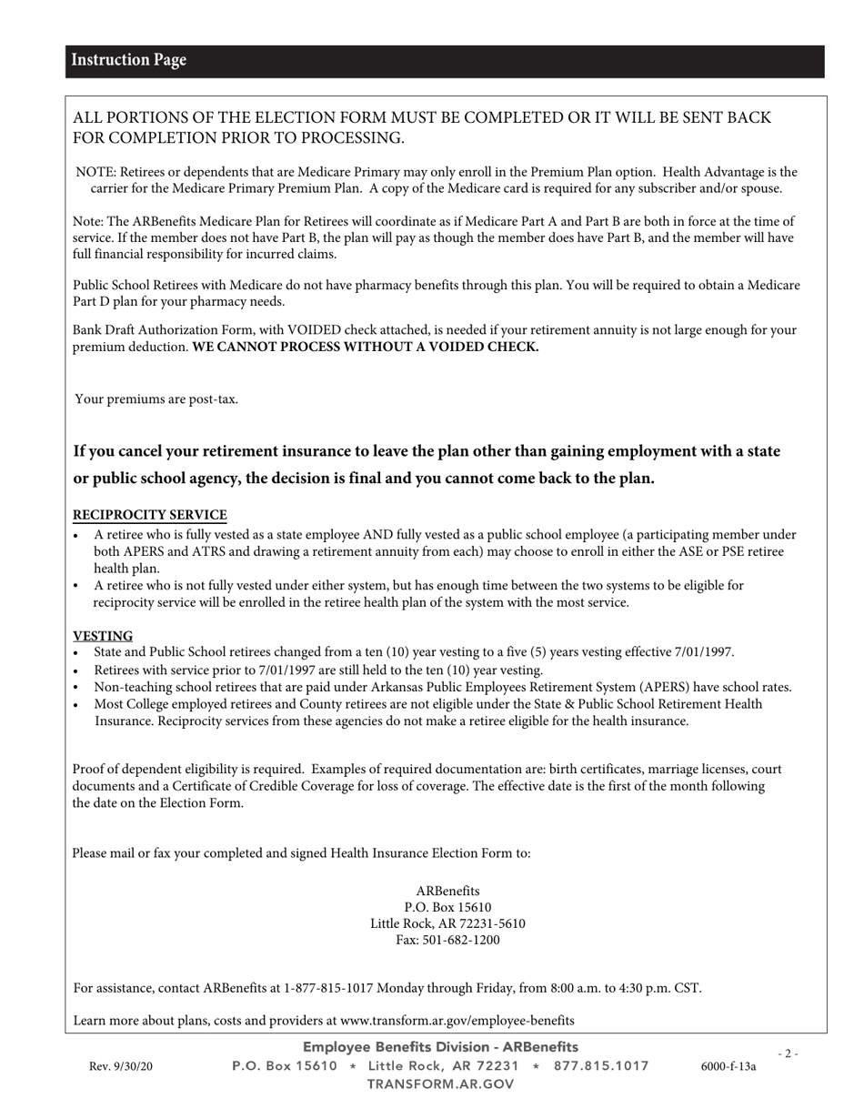 Form 6000-F-13A State  Public School Retiree Election Form - Arkansas, Page 2
