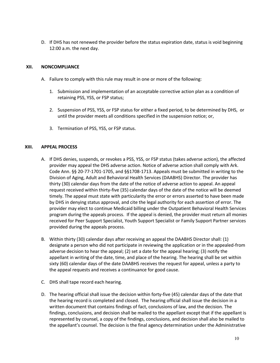 DAABHS Form 900 Attachment 1 Family Support Partner / Peer Support Specialist / Youth Support Specialist Standards Provider Application - Arkansas, Page 10