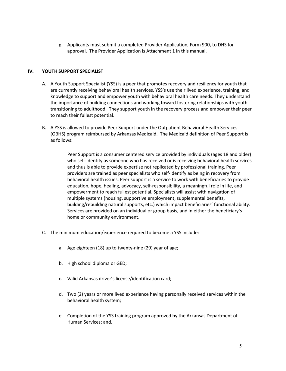 DAABHS Form 900 Attachment 1 Family Support Partner / Peer Support Specialist / Youth Support Specialist Standards Provider Application - Arkansas, Page 5