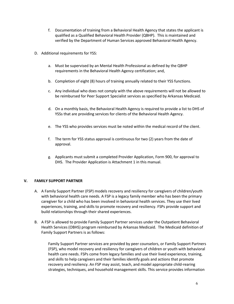 DAABHS Form 900 Attachment 1 Family Support Partner / Peer Support Specialist / Youth Support Specialist Standards Provider Application - Arkansas, Page 6