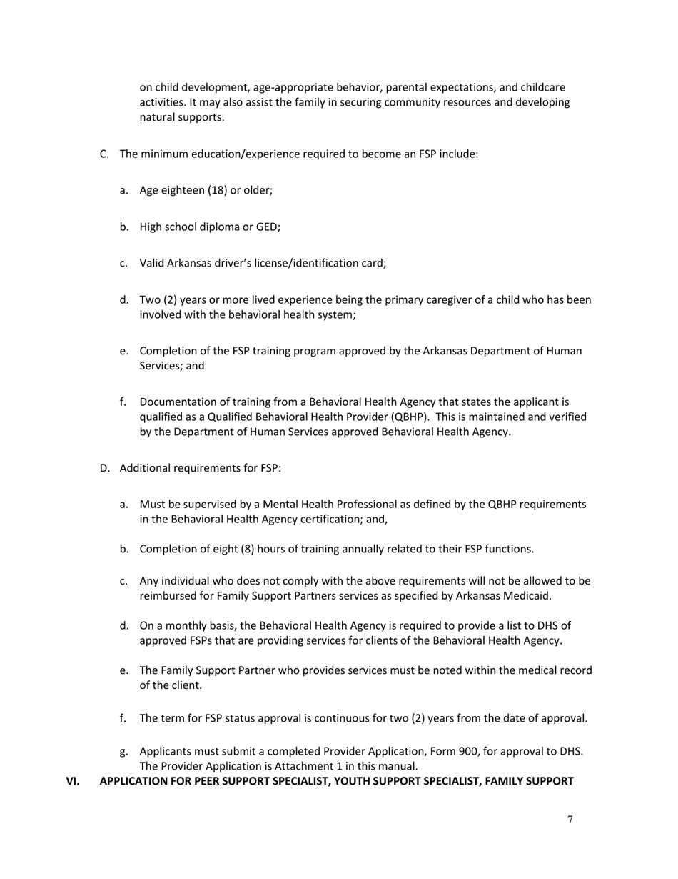 DAABHS Form 900 Attachment 1 Family Support Partner / Peer Support Specialist / Youth Support Specialist Standards Provider Application - Arkansas, Page 7