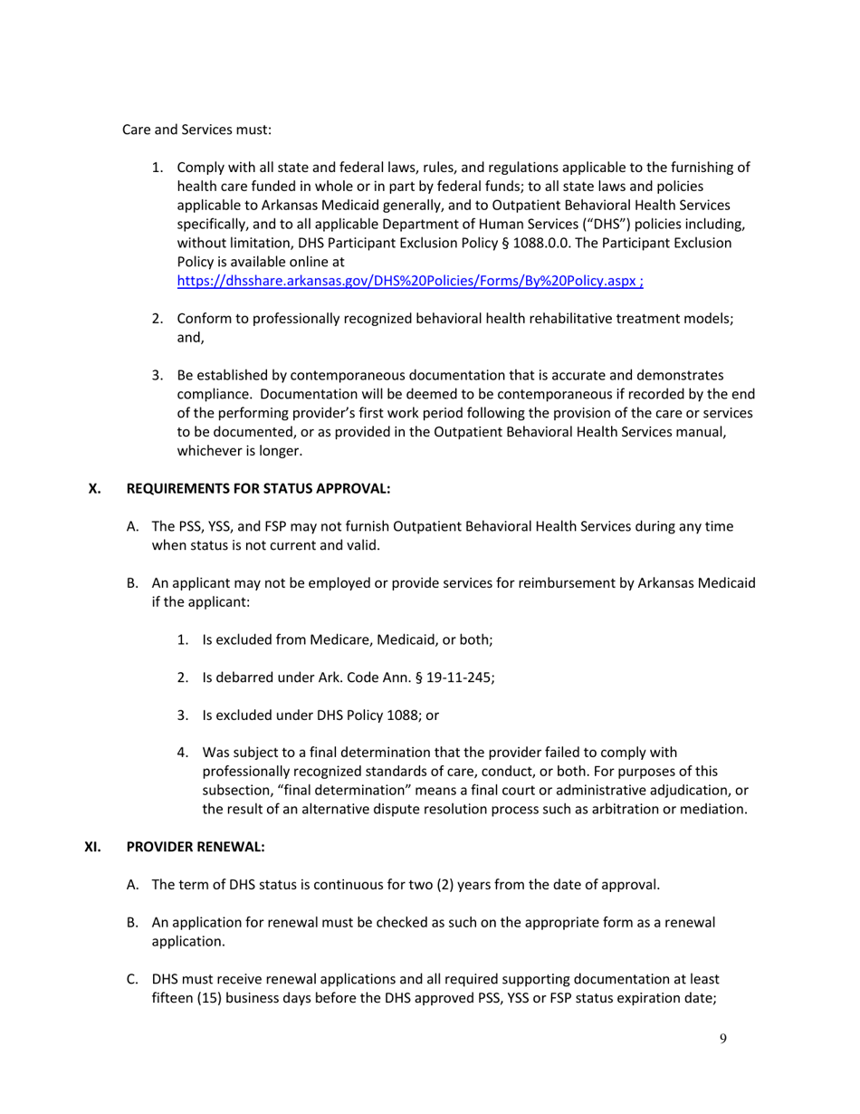 DAABHS Form 900 Attachment 1 Family Support Partner / Peer Support Specialist / Youth Support Specialist Standards Provider Application - Arkansas, Page 9