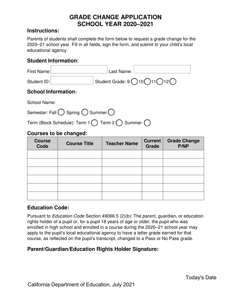 Grade Change Application - California, Page 1