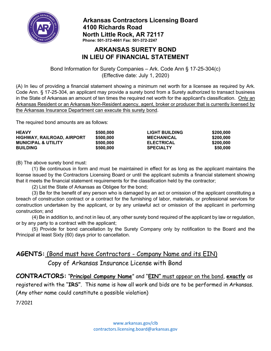 Arkansas Surety Bond in Lieu of Financial Statement - Arkansas, Page 1