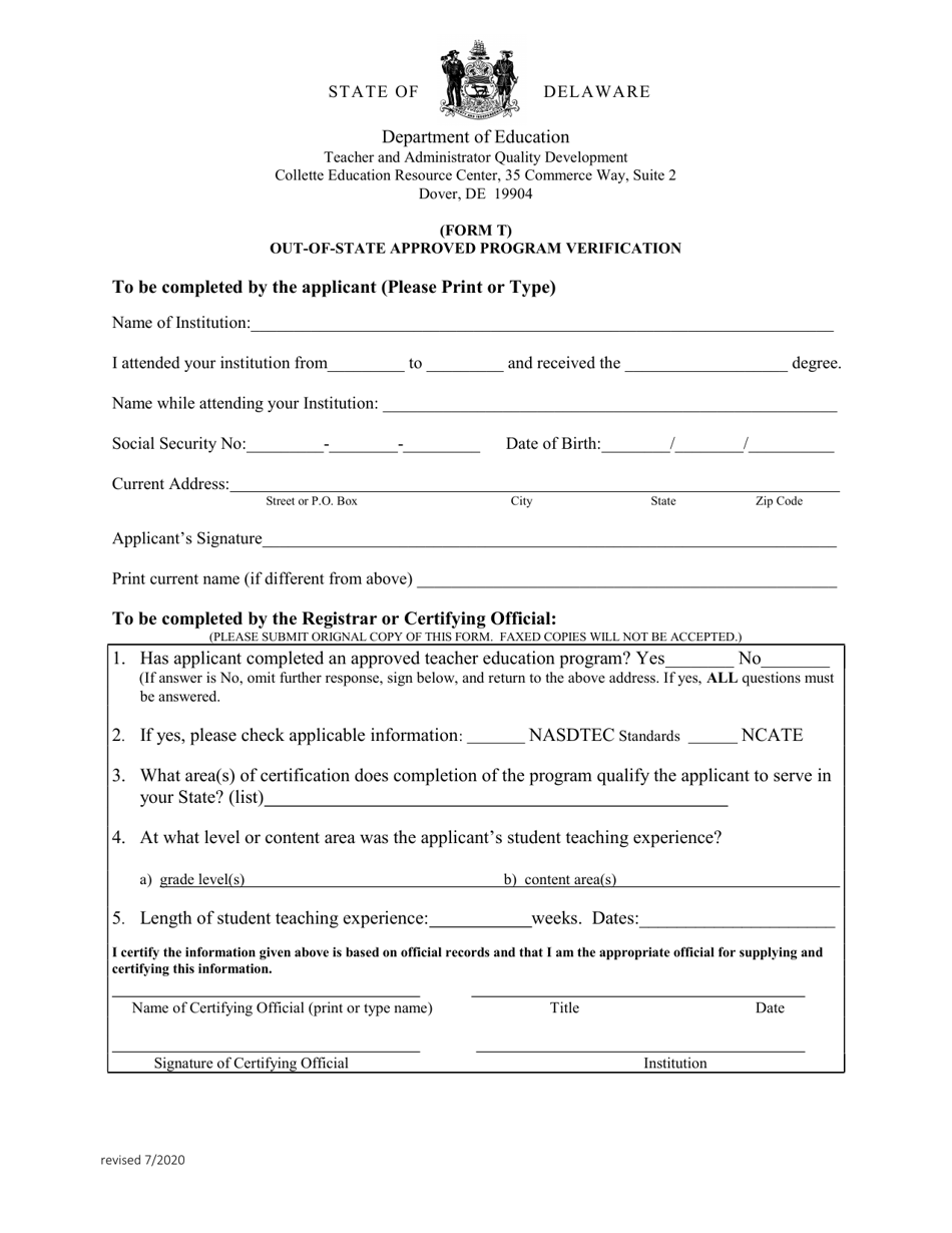 Form T Out-of-State Approved Program Verification - Delaware, Page 1