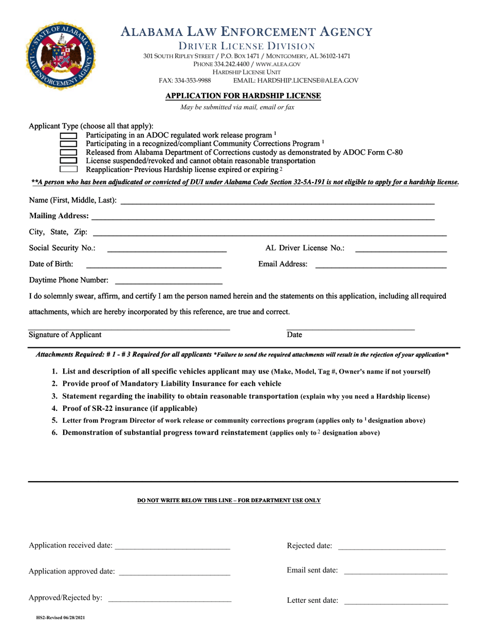 Form HS2 Application for Hardship License - Alabama, Page 1