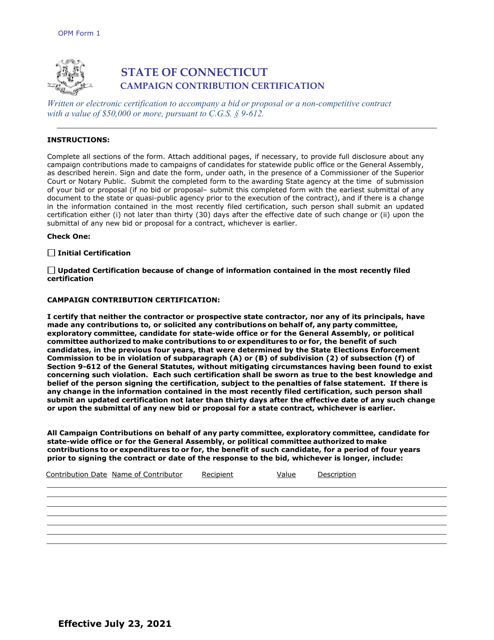 OPM Form 1 Campaign Contribution Certification - Connecticut